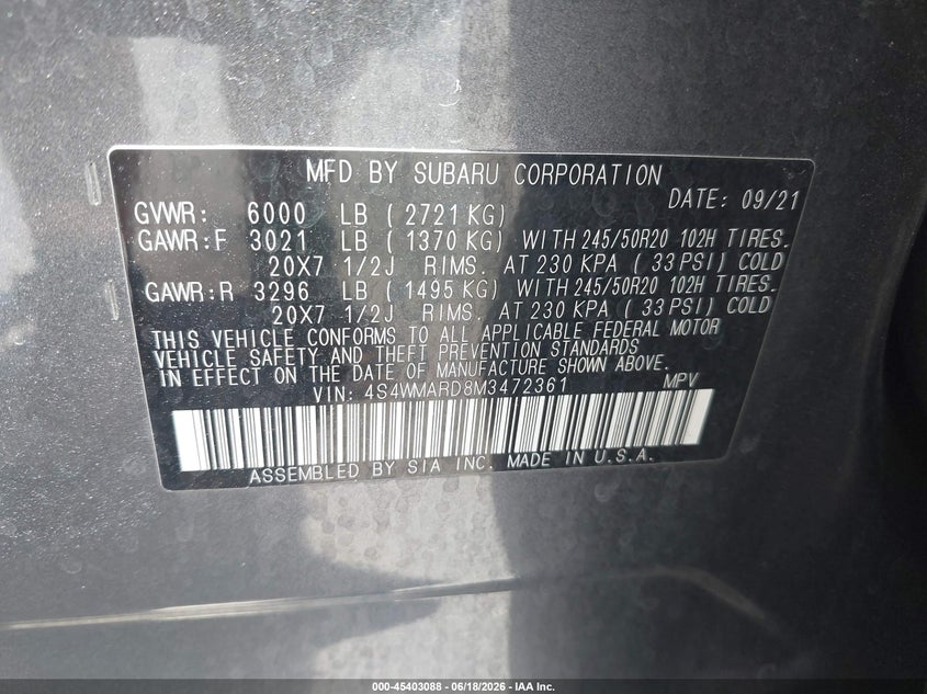 2021 Subaru Ascent Touring VIN: 4S4WMARD8M3472361 Lot: 45403088