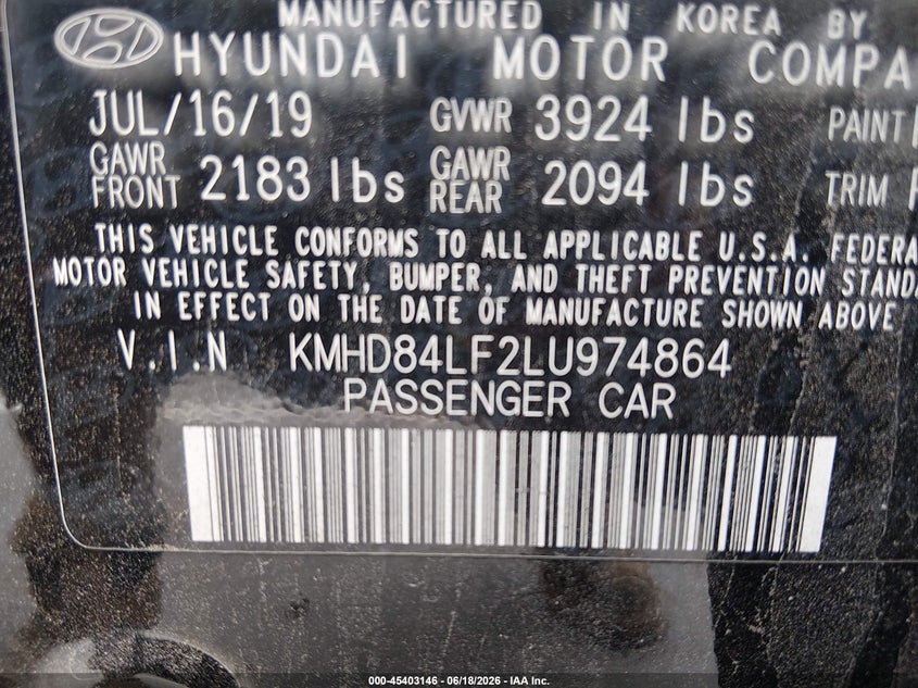 VIN KMHD84LF2LU974864 2020 HYUNDAI ELANTRA SEL