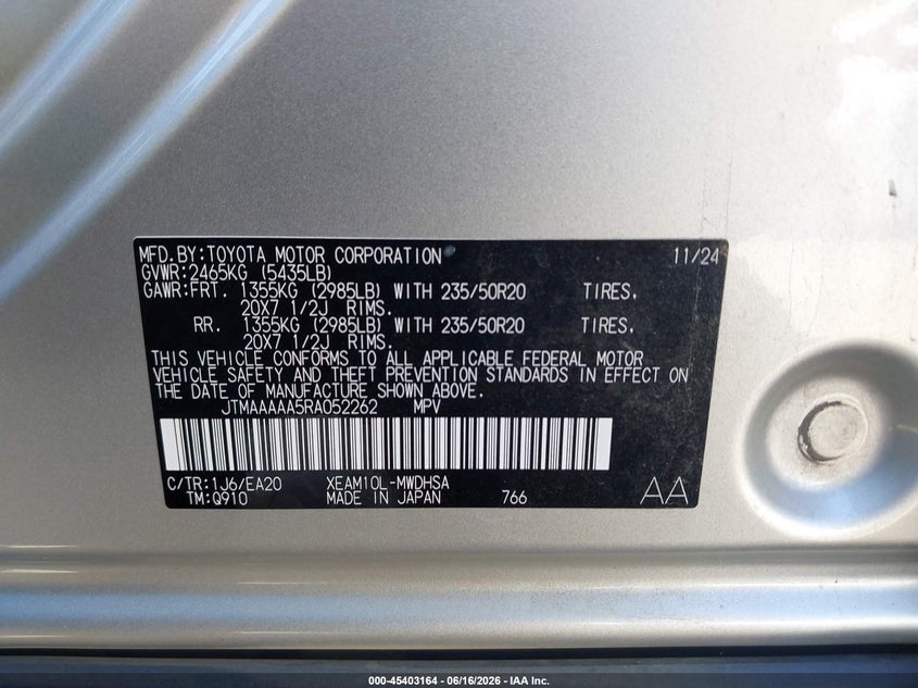 2024 Toyota Bz4X Limited VIN: JTMAAAAA5RA052262 Lot: 45403164