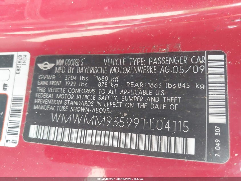2009 Mini John Cooper Works Clubman VIN: WMWMM93599TL04115 Lot: 45403227