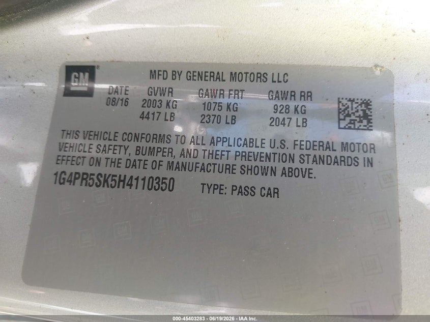 2017 Buick Verano Sport Touring VIN: 1G4PR5SK5H4110350 Lot: 45403283