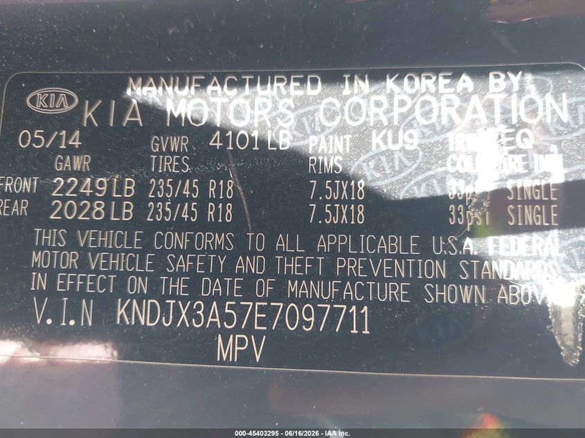 2014 Kia Soul ! VIN: KNDJX3A57E7097711 Lot: 45403295
