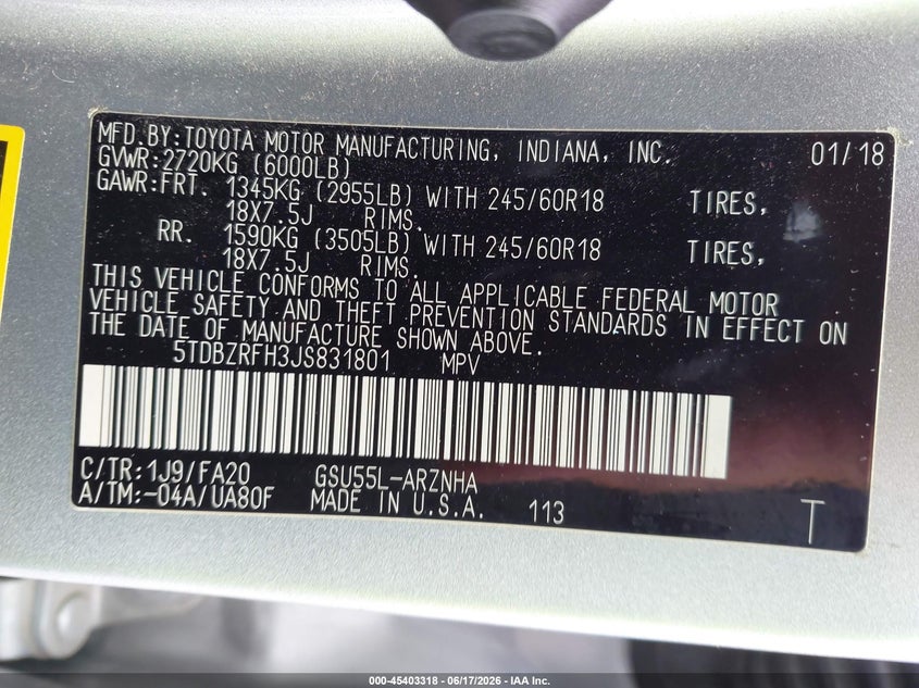 VIN 5TDBZRFH3JS831801 2018 TOYOTA HIGHLANDER LE PLUS