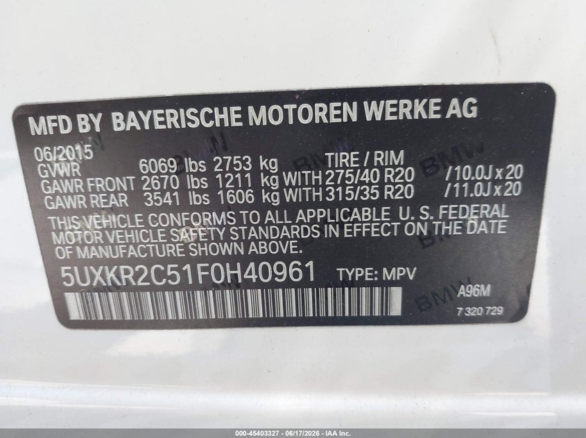 2015 BMW X5 SPORT UTILITY VEHICLE 3.0L I-6 DI, DOHC, VVT, TURBO, 300HP