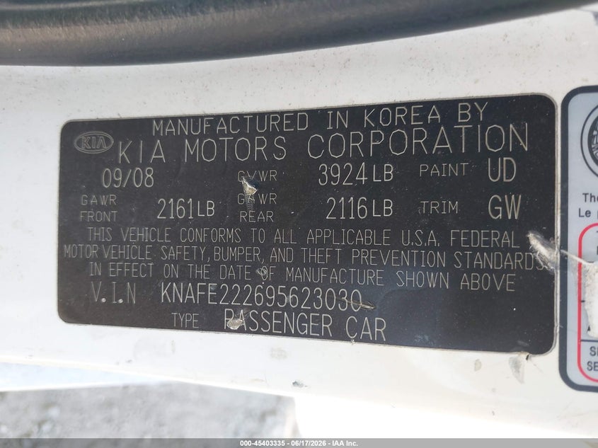 2009 Kia Spectra Ex VIN: KNAFE222695623030 Lot: 45403335