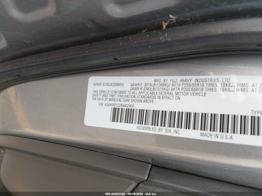 2008 Subaru Tribeca VIN: 4S4WX91D284402405 Lot: 45403359