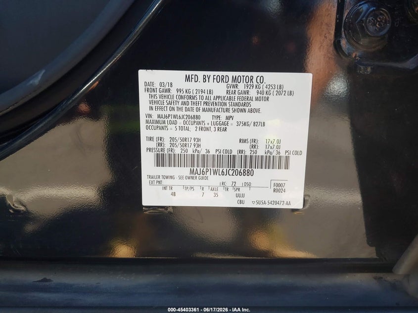 2018 Ford Ecosport Titanium VIN: MAJ6P1WL6JC206880 Lot: 45403361