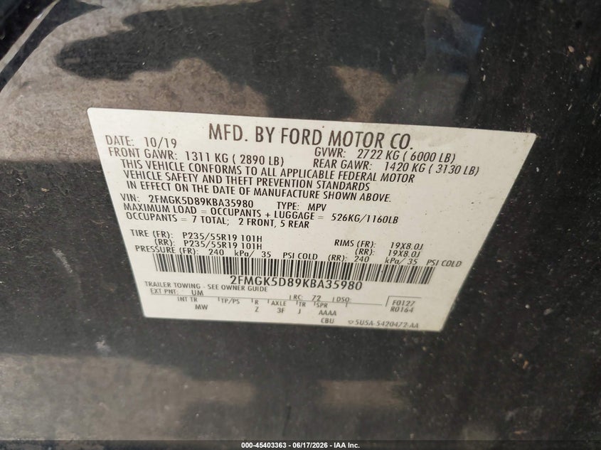 FORD FLEX 2019 VIN 2FMGK5D89KBA35980
