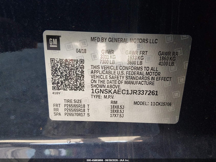 2018 Chevrolet Tahoe Ls VIN: 1GNSKAEC1JR337261 Lot: 45403404