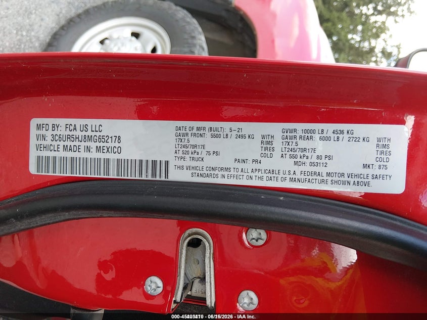 2021 Ram 2500 Tradesman 4X4 8' Box VIN: 3C6UR5HJ8MG652178 Lot: 45403410