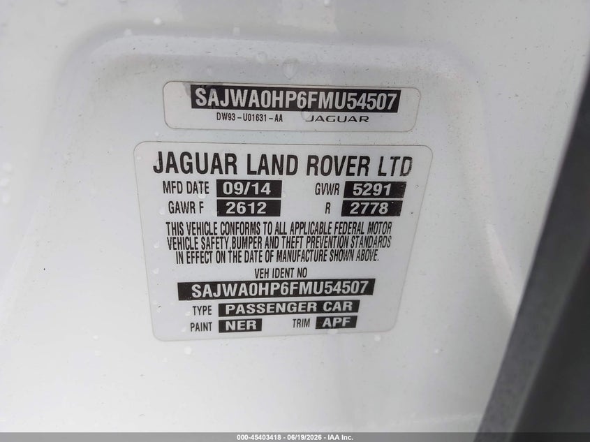 2015 Jaguar Xf 5.0L Supercharged VIN: SAJWA0HP6FMU54507 Lot: 45403418