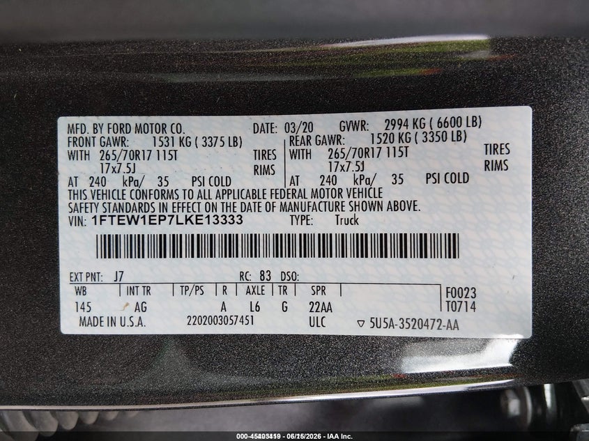 2020 Ford F-150 Xl VIN: 1FTEW1EP7LKE13333 Lot: 45403419