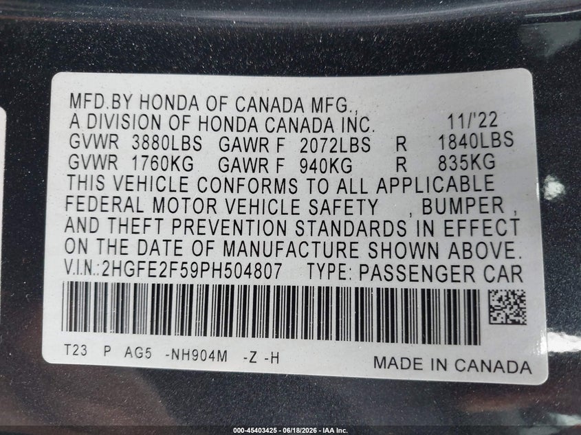 VIN 2HGFE2F59PH504807 2023 HONDA CIVIC SPORT
