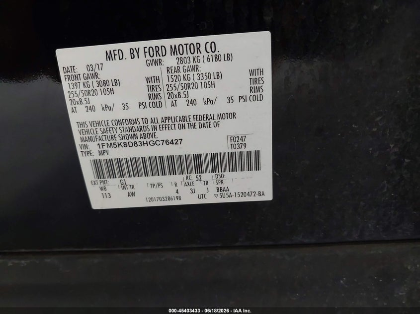 VIN 1FM5K8D83HGC76427 2017 FORD EXPLORER XLT