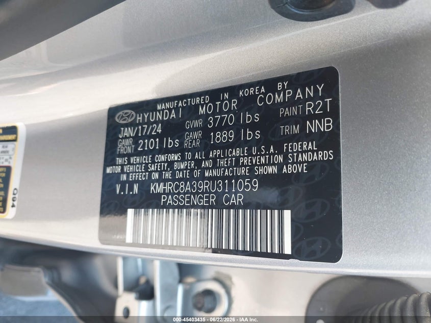 2024 Hyundai Venue Sel VIN: KMHRC8A39RU311059 Lot: 45403435