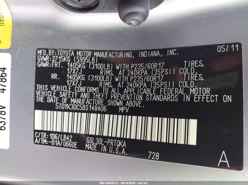 2011 TOYOTA SIENNA VAN 3.5L V-6 DOHC, VVT, 265HP