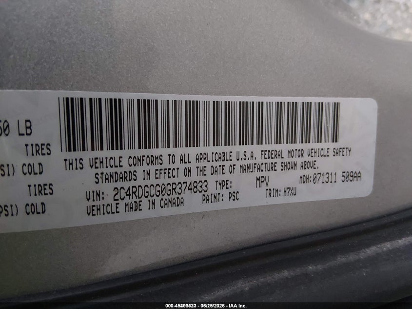 2016 Dodge Grand Caravan Sxt VIN: 2C4RDGCG0GR374833 Lot: 45403523
