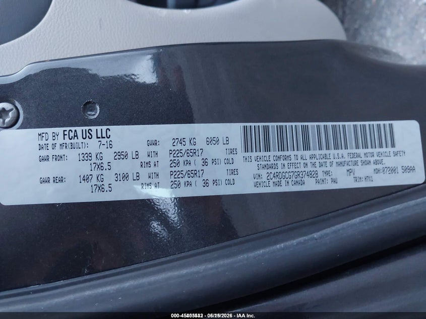 2016 Dodge Grand Caravan Sxt VIN: 2C4RDGCG7GR374828 Lot: 45403532