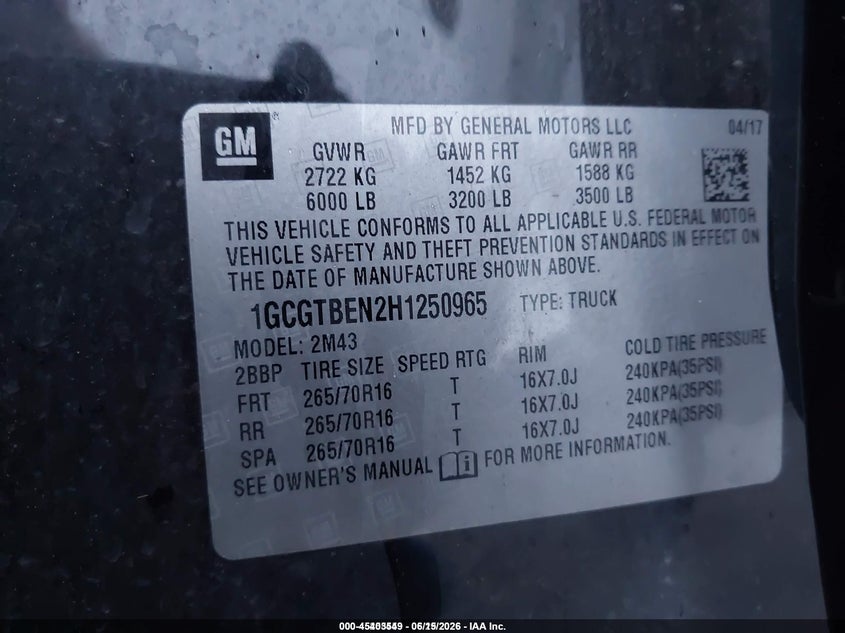 2017 Chevrolet Colorado Wt VIN: 1GCGTBEN2H1250965 Lot: 45403549