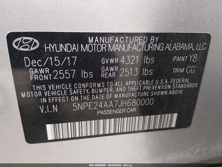 2018 Hyundai Sonata Eco VIN: 5NPE24AA7JH680000 Lot: 45403559