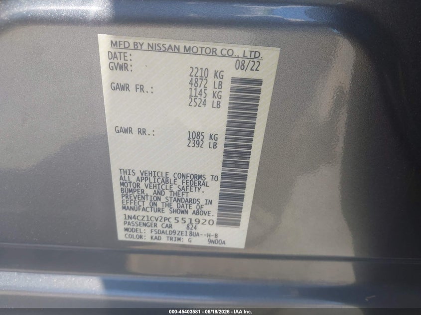 2023 Nissan Leaf Sv Plus 60 Kwh VIN: 1N4CZ1CV2PC551920 Lot: 45403581