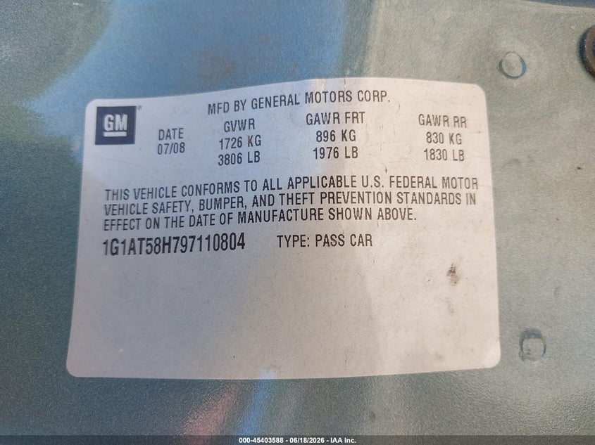 2009 Chevrolet Cobalt Lt VIN: 1G1AT58H797110804 Lot: 45403588