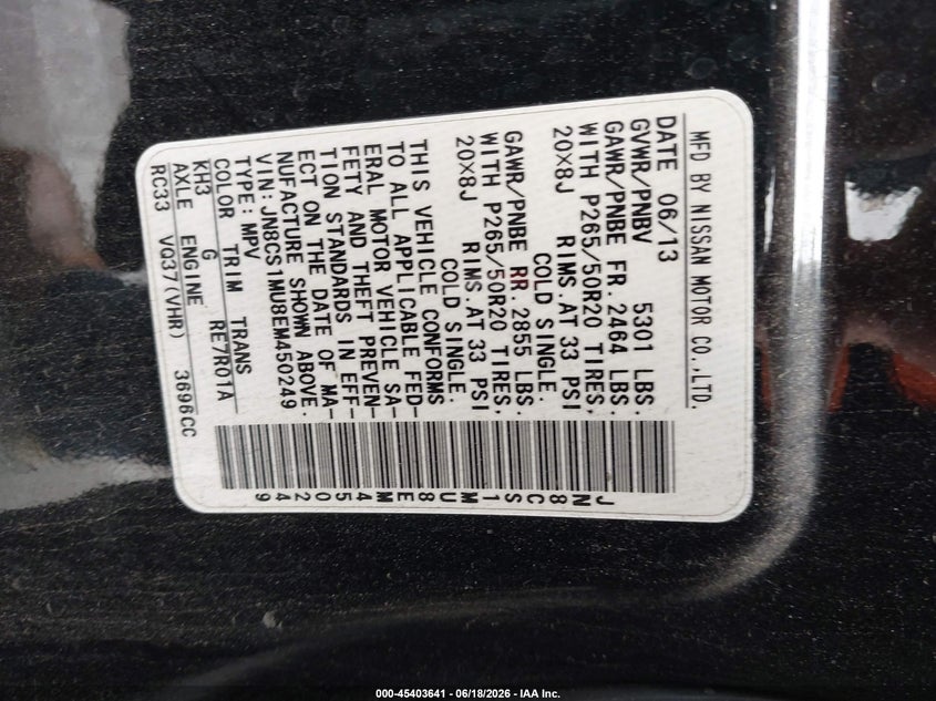 2014 Infiniti Qx70 VIN: JN8CS1MU8EM450249 Lot: 45403641