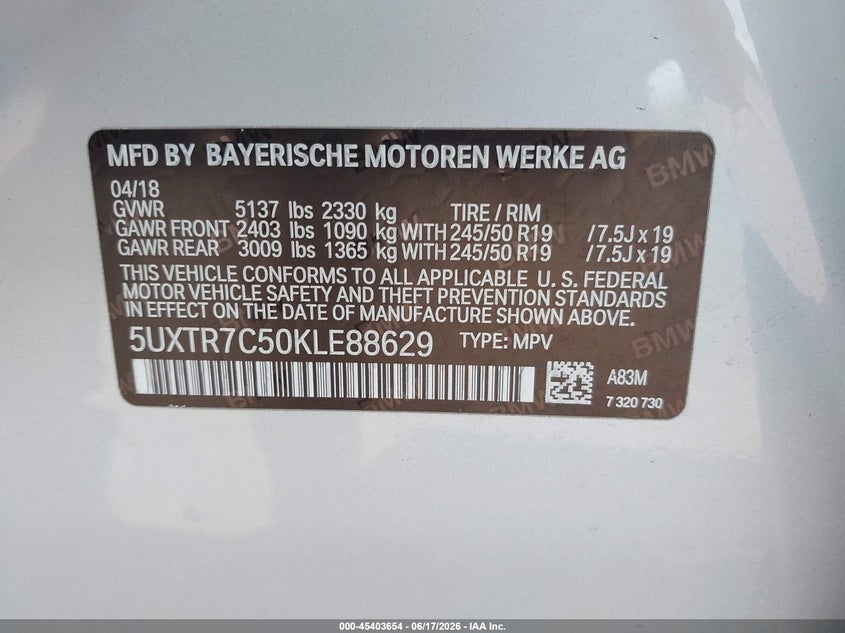 2019 BMW X3 SPORT UTILITY VEHICLE 2.0L I-4 DI, DOHC, VVT, TURBO, 248HP