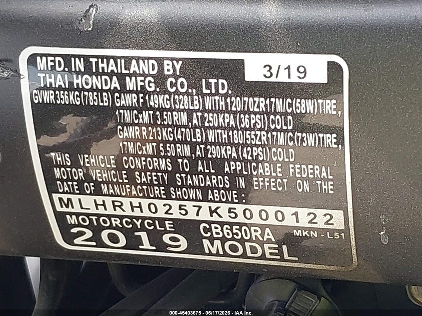 2019 Honda Cb650 Ra VIN: MLHRH0257K5000122 Lot: 45403675