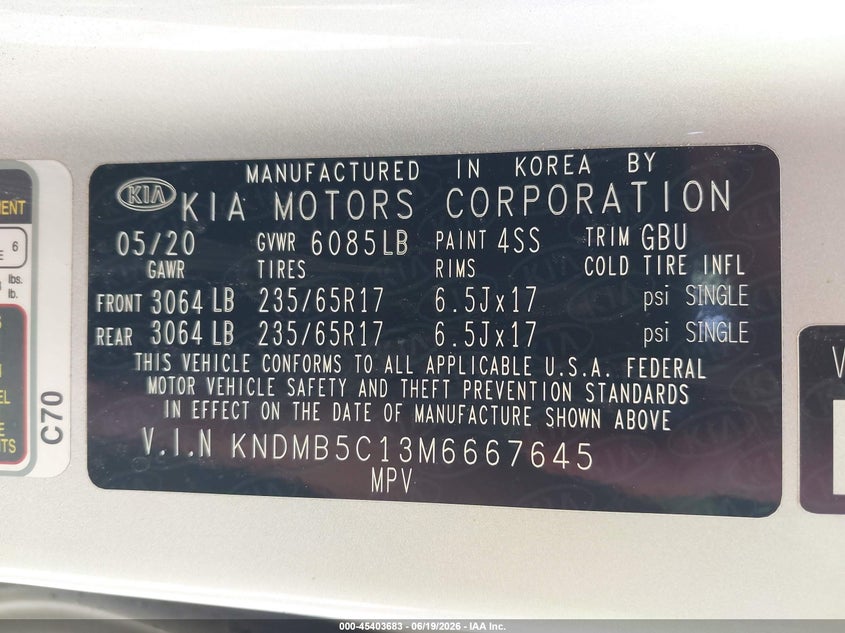 2021 Kia Sedona Lx VIN: KNDMB5C13M6667645 Lot: 45403683