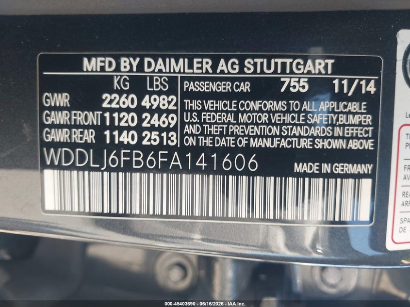 2015 Mercedes-Benz Cls 400 VIN: WDDLJ6FB6FA141606 Lot: 45403690