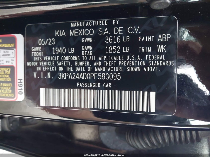 2023 Kia Rio S VIN: 3KPA24AD0PE583095 Lot: 45403720