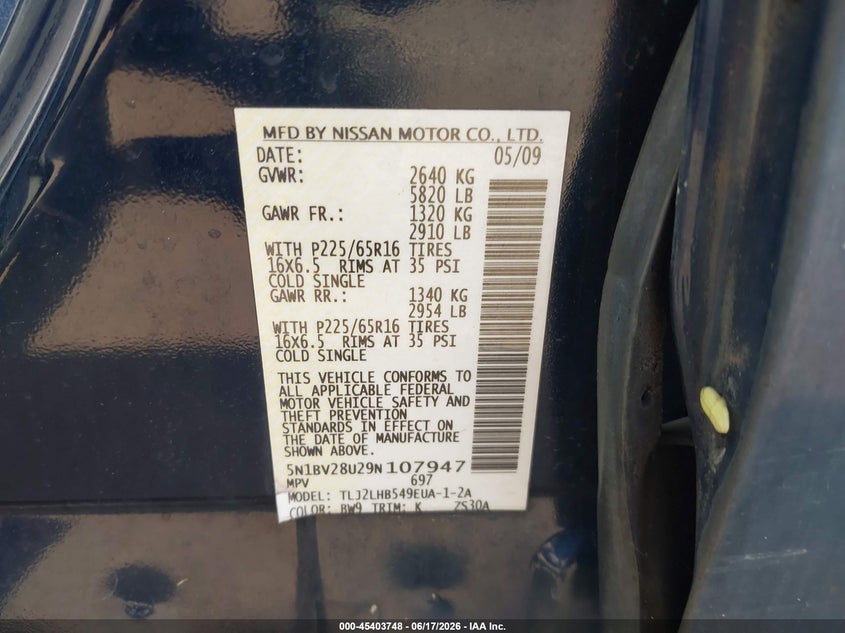 2009 Nissan Quest 3.5 S VIN: 5N1BV28U29N107947 Lot: 45403748