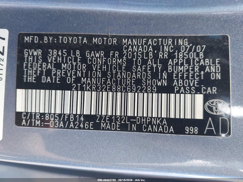 2008 Toyota Matrix Xr VIN: 2T1KR32E88C692289 Lot: 45403769