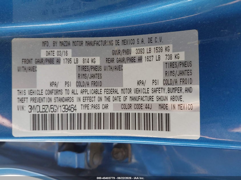 2016 Scion Ia VIN: 3MYDLBZV5GY139464 Lot: 45403779