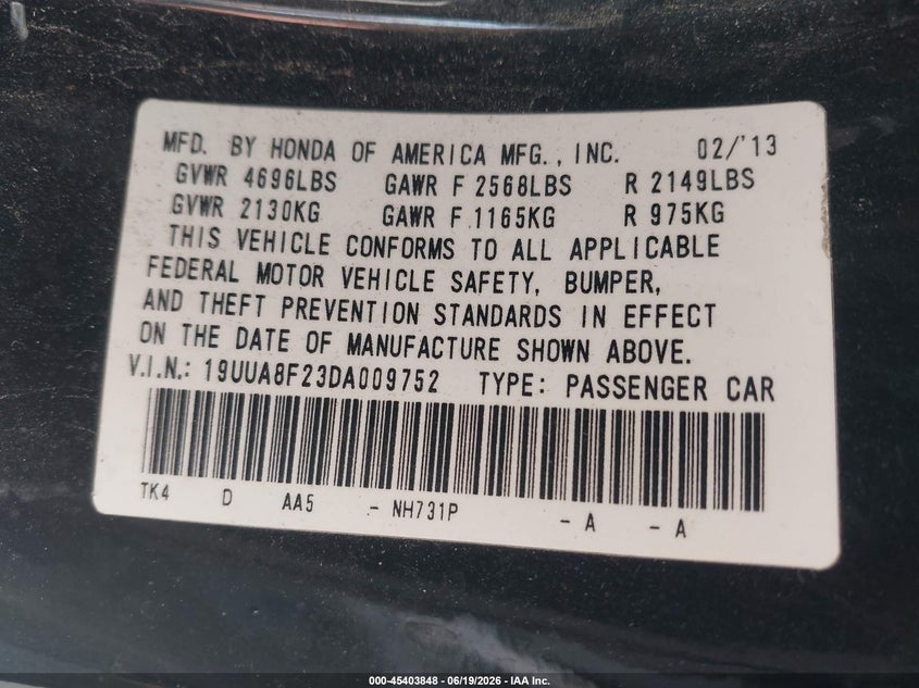 2013 Acura Tl 3.5 VIN: 19UUA8F23DA009752 Lot: 45403848
