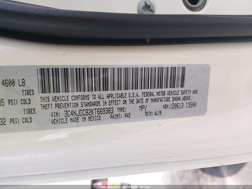 2019 JEEP COMPASS SPORT UTILITY VEHICLE 2.4L I-4 VVT, 180HP