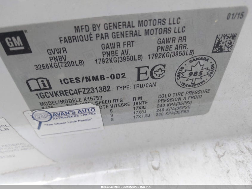 CHEVROLET SILVERADO 1500 2015 VIN 1GCVKREC4FZ231382