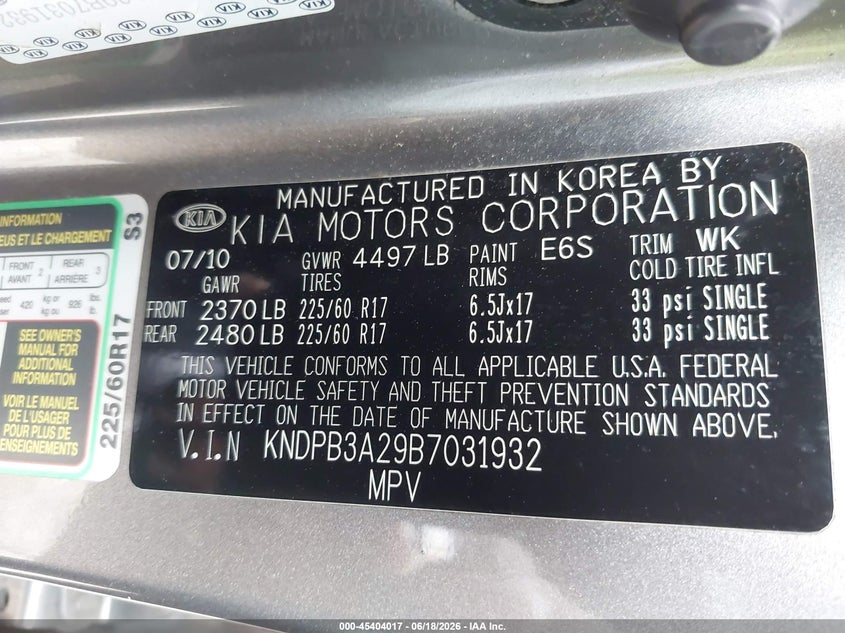 2011 Kia Sportage Lx VIN: KNDPB3A29B7031932 Lot: 45404017