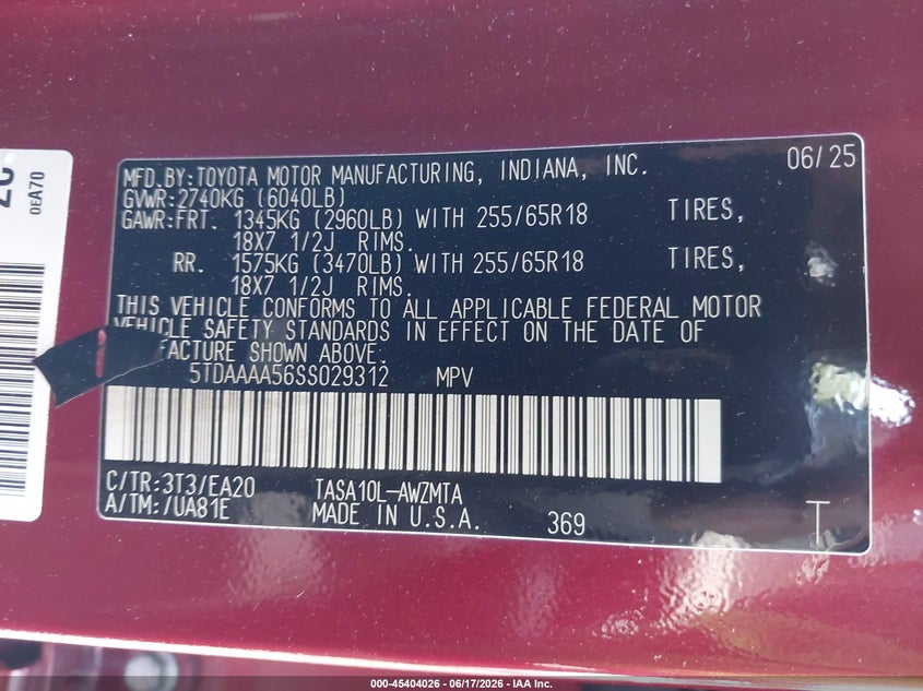 VIN 5TDAAAA56SS029312 2025 TOYOTA GRAND HIGHLANDER XLE