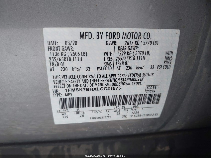 FORD EXPLORER 2020 VIN 1FMSK7BHXLGC21675