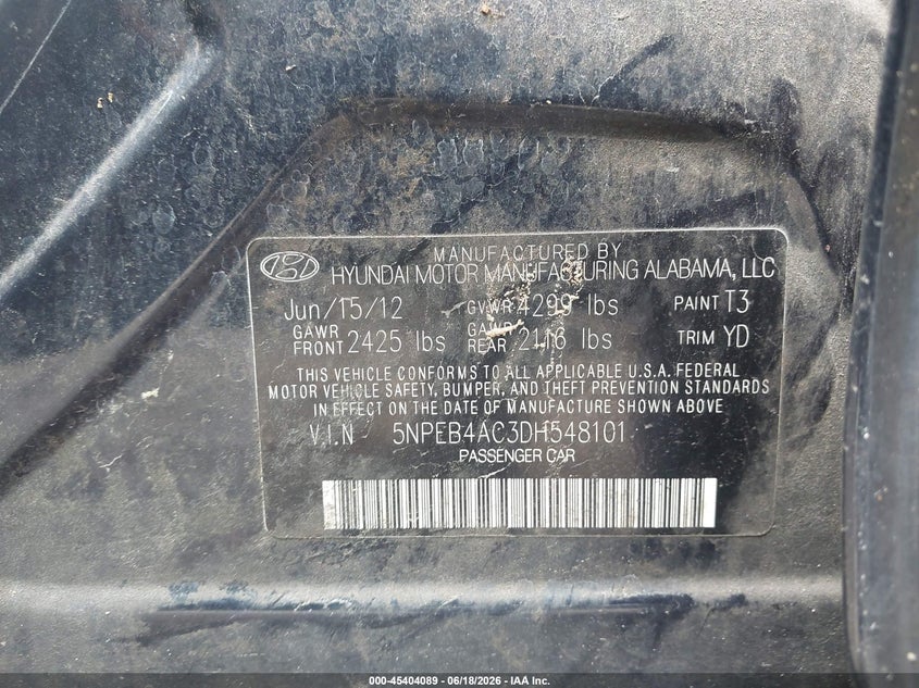 HYUNDAI SONATA 2013 VIN 5NPEB4AC3DH548101