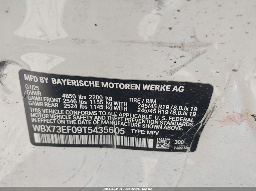 BMW X1 2026 VIN WBX73EF09T5435605