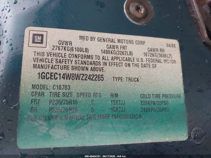 1998 CHEVROLET C/K 1500 WORK FLEETSIDE W/T TRUCK 4.3L V-6 200HP