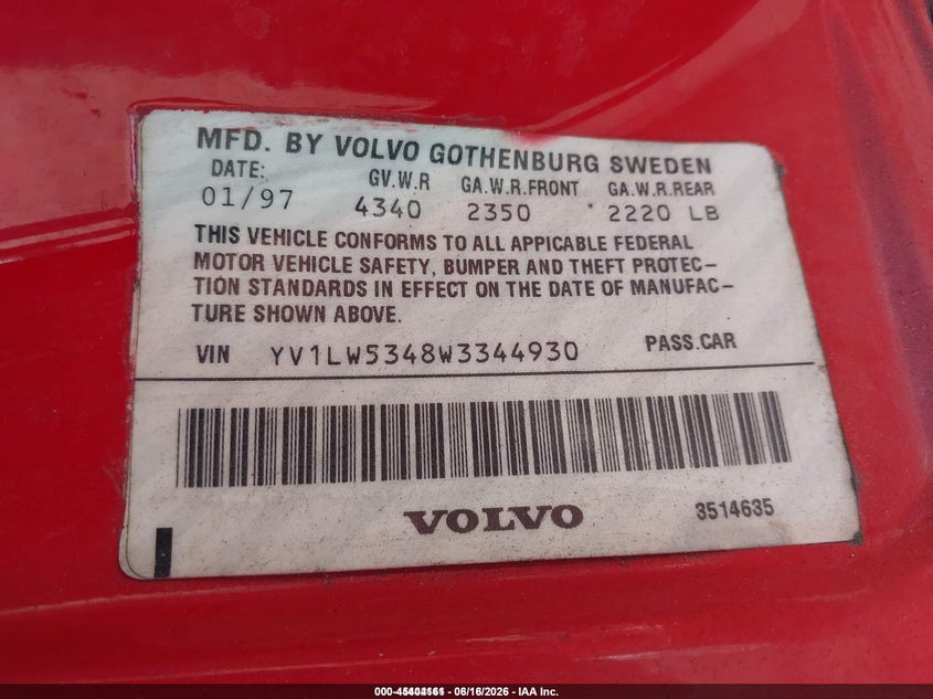 1998 Volvo V70 T5 VIN: YV1LW5348W3344930 Lot: 45404161