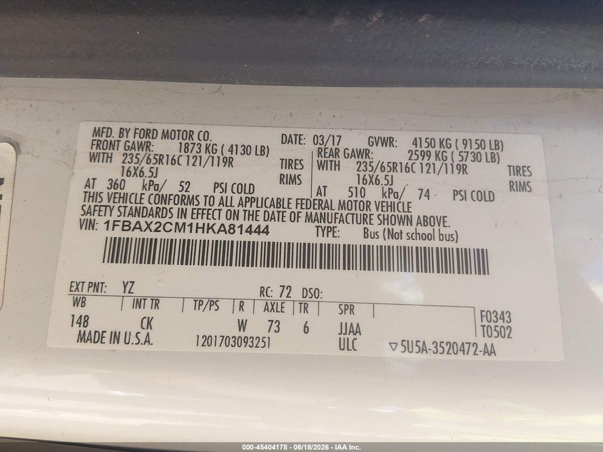 VIN 1FBAX2CM1HKA81444 2017 FORD TRANSIT-350 XLT