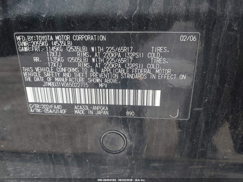 TOYOTA RAV4 2006 VIN JTMBD31V065022715