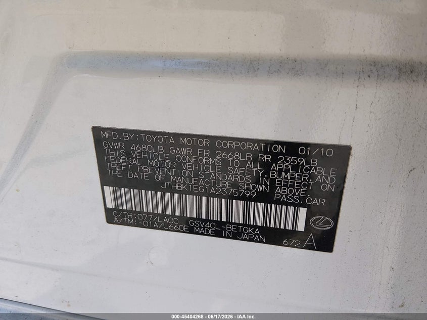 LEXUS ES 350 2010 VIN JTHBK1EG1A2375799