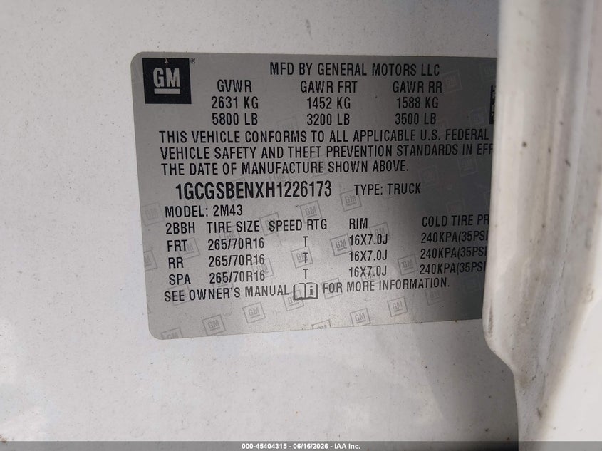 VIN 1GCGSBENXH1226173 2017 CHEVROLET COLORADO WT