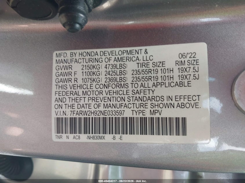 VIN 7FARW2H92NE033597 2022 HONDA CR-V AWD TOURING